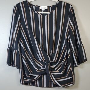 Lavendar Field Black Striped Knot Front Top W/ Bell Sleeves. Large